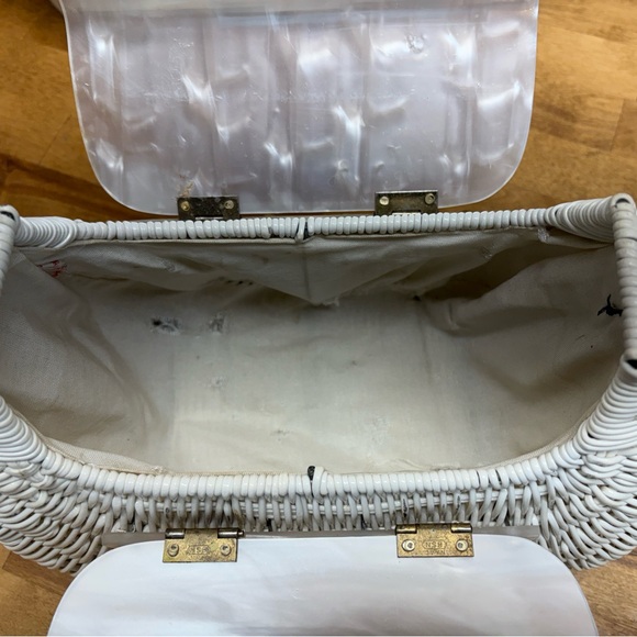 Vtg 50s 60s White Wicker Box Purse Marbled Lucite Lid NSB Japan + Spare Handle - Picture 5 of 10